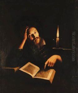 A Man With An Album Of Drawings By Candlelight, At A Table A Man With An Album Of Drawings By Candlelight, At A Table