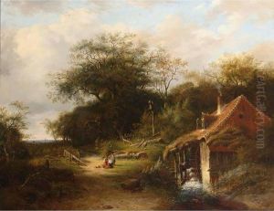 A Wooded Landscape With Travellers On A Sandy Track Near A Watermill by Johannes Warnardus Bilders