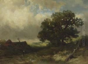 Wolken Uber Sommerlandschaft Mit Gehoft Und Bauerin by Johannes Warnardus Bilders