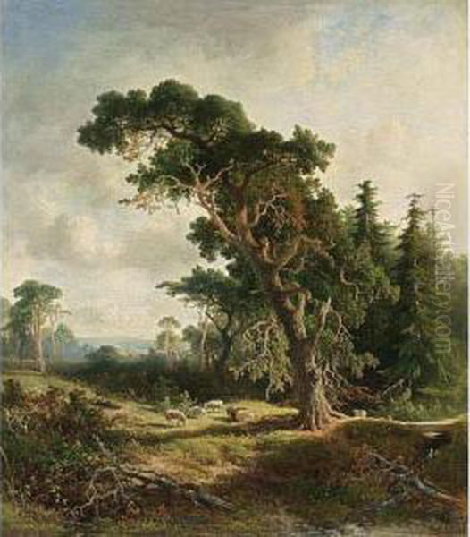 A Sheperd And His Flock In A Wooded Landscape - view 1