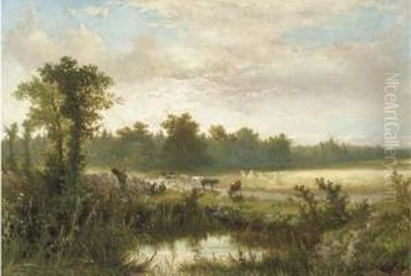 Wolfheze: Cowherds And Cattle Near A Fen At Dusk - view 1