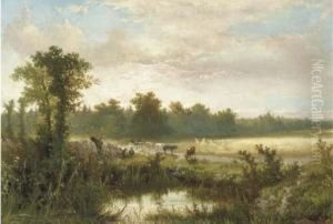 Wolfheze: Cowherds And Cattle Near A Fen At Dusk