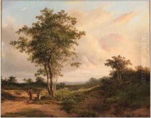 A Wooded Landscape With Travellers On A Sandy Track At Dusk by Johannes Warnardus Bilders
