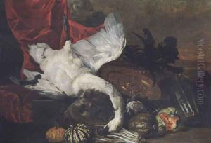 Elaborate still life with fruits, vegetables, a salver and a swan before a draped pedestal, a landscape beyond by Peeter Boel