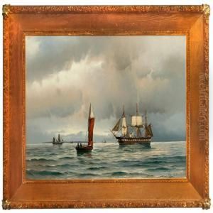 Marine With The Danish Frigate Jylland On Open Sea In Calm Evening Weather by Vilhelm Bille