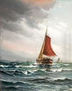 Ships In Stormy Weather. Signed Vilh. Bille