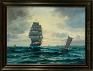 Danish Marine With A Brig On Open Sea by Willy Bille