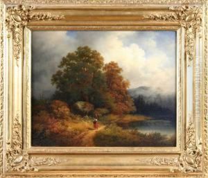 Landskap Med Vandrande Flicka, Signerade T. Billing 1850 by Lars Teodor Billing