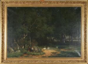 Landskap Med Barn Och Svanar, Signerad Och Daterad Billing -73 by Lars Teodor Billing