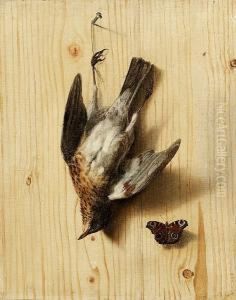 A Trompe L'oeil Of A Wooden
Partition With A Dead Fieldfare Suspended From A Nail With A Peacock
Butterfly by Jacobus Biltius