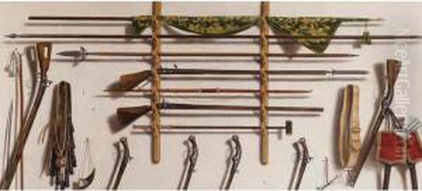 A Trompe L'oeil Of A Leading
Staff, A Partizan, A Matchlock Musket, A Longbow, A Fowling Piece And
Other Weaponry Hanging On A Wall - view 1