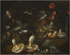 A Forest Floor Still Life With Mushrooms, Flowers, Birds And Abutterfly by Bartolommeo Bimbi