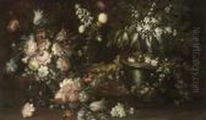 Camelias, Roses, Parrot Tulips 
And Other Flowers On A Table, And Aminiature Orange Tree In An Urn