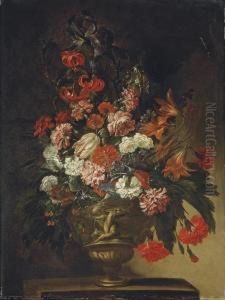 Bouquet De Fleurs Dans Un Vase En Bronze Sur Un Entablement by Bartolommeo Bimbi