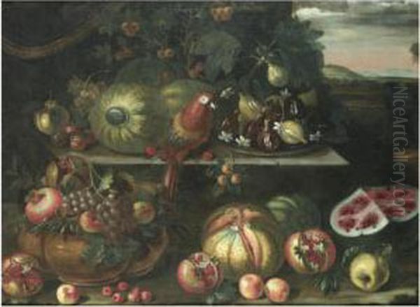 A Still Life With Watermelons,
Figs, A Parrot And Grapes On A Stone Ledge, Together With Pomegrantes,
Pumpkins And Apples, A Landscape Beyond - view 1