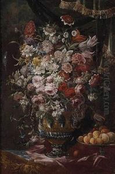 Jarron De Flores Y Plato De Melocotones - view 1