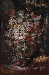 Jarron De Flores Y Plato De Melocotones by Bartolommeo Bimbi