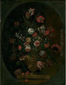 Still Life Of Flowers In An Elaborate Metal Urn On A Plinth With Cherries