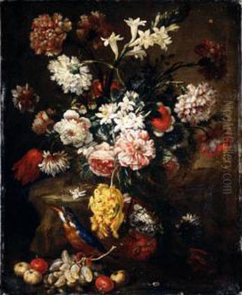 Still Life Of Various Flowers In
 A Basket, Together With Grapes, Crab-apples And A Kingfisher - view 1