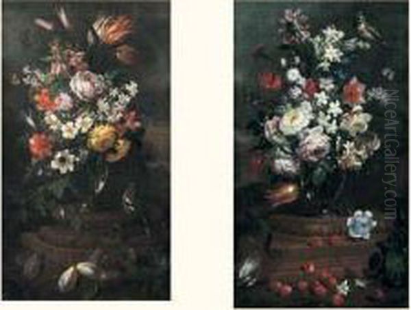 Nature Morte Aux Bouquet De Fleurs, Cerises Et Oiseau - view 1
