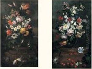 Nature Morte Aux Bouquet De Fleurs, Cerises Et Oiseau