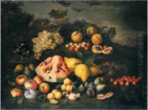 Still Life Of Watermelon, 
Lemons, Peaches, Apples, Plums, Cherries And Figs In An Open Landscape