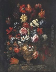 Tulips, Roses, Poppies, 
Chrysanthemums, Hyacinths And Other Flowers With Butterflies In A 
Sculpted Vase On A Ledge