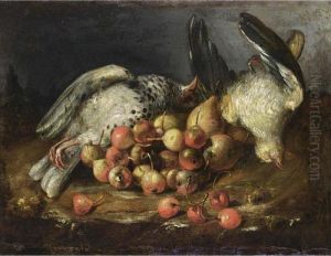 A Still Life With Two Pigeons, Cherries, Rose-hips And Pears, All In A Landscape Setting