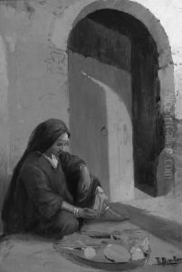 "an Einer Hausmauer Sitzendes Arabermadchen Mit Fruchten". Sign by Tony Binder