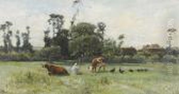 Ebene Landschaftspartie Mit Bauerin Und Kuhen Bei Gehoft. - view 1