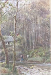 A Woman At A Stream In A Wooded Landscape by James Georges Bingley