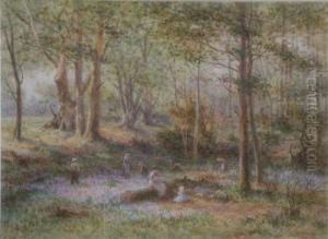 Children Picking Bluebells Initialled 10.25 X 14.5in by James Georges Bingley