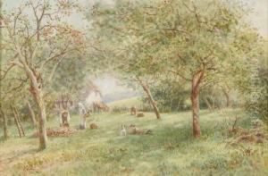 Family With Child And Dog In Cider Orchard, South Devon