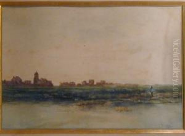 Figure In A Watery Landscape With A Village In The Background. - view 1