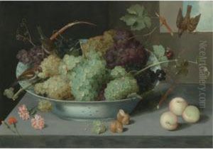 Still Life With Bunches Of
Grapes In A Porcelain Bowl, Three Sparrows, And A Butterfly, With
Peaches And Snails On The Stone Ledge Below by Peter Paul Binoit