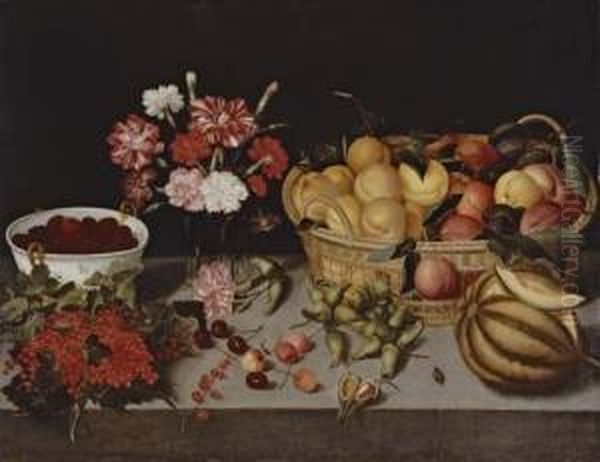A Basket Of Peaches And Plums,
Carnations In A Vase, A Bowl Of Blackberries, A Melon, Cherries,
Hazelnuts And Redcurrants On A Table Ledge - view 1