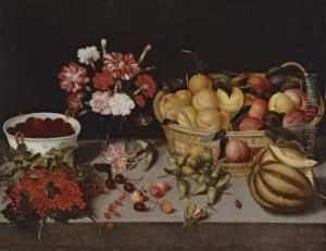 A Basket Of Peaches And Plums, 
Carnations In A Vase, A Bowl Of Blackberries, A Melon, Cherries, 
Hazelnuts And Redcurrants On A Table Ledge