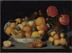 Still Life Of Fruit In A Wanli
Kraak Porcelain Bowl Resting On A Table With A Pomegranate, A Bunch Of
Oranges, Roses In A Vase And Two Parrots by Peter Paul Binoit