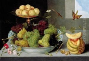 With A Melon, Shells And Carnations On A Stone Ledge, With Two Birds And A Ladybird