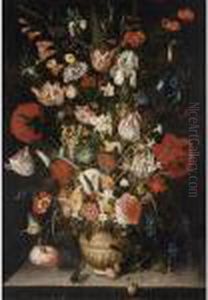 A Still Life With Tulips, Roses,
Irises, Carnations, Raceme Daffodils, Poppy Anemones, Hyacinth And
Other Flowers In A Stoneware Vase, With A Butterfly And A Stag Beetle On
A Stone Ledge by Peter Paul Binoit