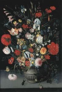 Tulips, Irises, Pink And White
Roses, Narcissi, Primroses And Otherflowers In A Stone Vase With
Butterflies, A Caterpillar, A Snailand A Stag Beetle On A Ledge by Peter Paul Binoit