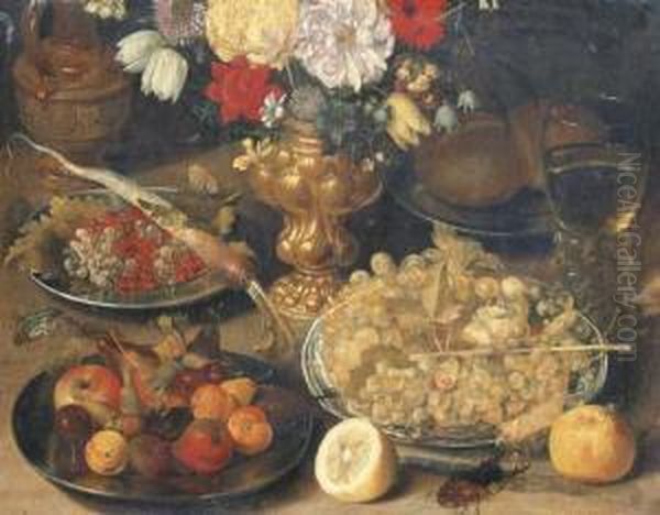 A Vase Of Flowers, Silver 
Platters With Fruit And Rolls, Grapes Ina Delftware Bowl, A Roemer Of 
Wine, A Ewer, A Beetle And Abutterfly, Half A Lemon And A Peach On A 
Table - view 1