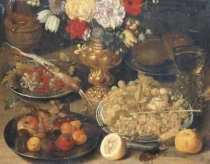 A Vase Of Flowers, Silver 
Platters With Fruit And Rolls, Grapes Ina Delftware Bowl, A Roemer Of 
Wine, A Ewer, A Beetle And Abutterfly, Half A Lemon And A Peach On A 
Table