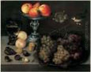 Nature Morte Au Plat De Raisins, Verre De Vin, Pommes Et Poires Dans Une Coupe En Argent