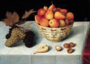 A Still Life Of Apples, Pears
And Walnuts In A Porcelain Bowl Together With A Bunch Of Grapes, Walnuts
And Half A Pear Resting On A Table by Peter Paul Binoit