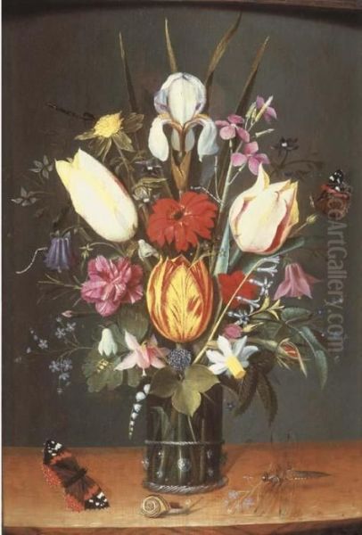 An Iris, Tulips, Forget-me-not,
Lilies Of The Valley And Other Flowers In A Roemer On A Wooden Ledge,
With A Snail, A Dragonfly And Two Butterflies - view 1