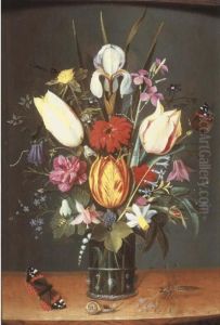 An Iris, Tulips, Forget-me-not, 
Lilies Of The Valley And Other Flowers In A Roemer On A Wooden Ledge, 
With A Snail, A Dragonfly And Two Butterflies