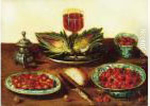 Nature Morte Aux Plats De Fraises, Cerises Et Artichauts Disposes Sur Un Entablement. - view 1