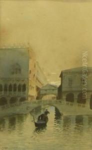 Venetian Canal Scene With Gondola by H. Biondetti