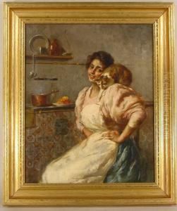 Woman Inkitchen With Cat On Shoulder by Nicola Biondi